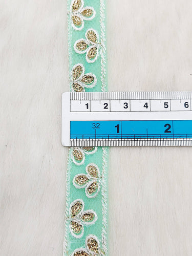 Wholesale Mint Green Net Lace Floral Embroidery & Glitter Gold Sequins, Indian Wedding Border, Gifting Ribbon Costume Trim Fashion Trimming